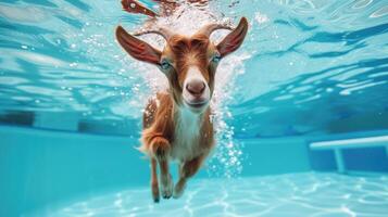 ai generiert komisch unter Wasser Szene Ziege im Schwimmbad Theaterstücke tief tauchen Aktion, ai generiert. foto