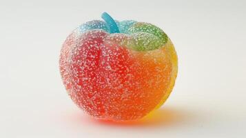 ai generiert realistisch gummiartig Süßigkeiten ähnlich ein Apfel, mit drei Farben, elastisch Textur, und Zucker streuen, ai generiert foto