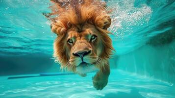 ai generiert komisch unter Wasser Szene Löwe im Schwimmbad Theaterstücke tief tauchen Aktion, ai generiert. foto