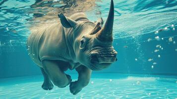 ai generiert komisch unter Wasser Szene Nashorn im Schwimmbad Theaterstücke tief tauchen Aktion, ai generiert. foto