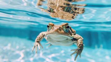 ai generiert komisch unter Wasser Szene Kröte im Schwimmbad Theaterstücke tief tauchen Aktion, ai generiert. foto