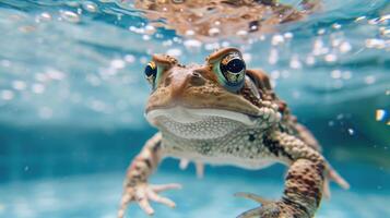 ai generiert komisch unter Wasser Szene Kröte im Schwimmbad Theaterstücke tief tauchen Aktion, ai generiert. foto