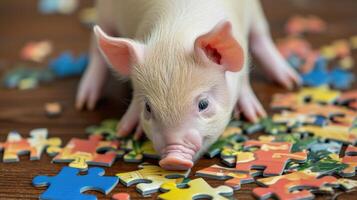 ai generiert bezaubernd oben Aussicht von ein süß Schwein lösen ein Puzzle Puzzle, spielerisch und clever. ai generiert foto