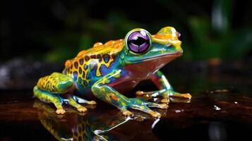 ai generiert Frosch mit Augen zweimal wie groß, geschmückt im Regenbogen Farben auf beide Seiten, ai generiert. foto