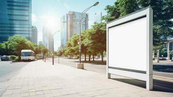 ai generiert ein Vertikale leer Weiß Plakatwand steht beim ein Bus halt auf ein Stadt Straße, Angebot Werbung Raum. ai generiert foto