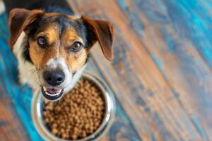 ai generiert schön bezaubernd Hund Sitzung Nächster zu ein Essen Schüssel. süß inländisch Tier. generativ ai foto