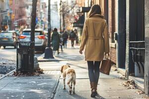 ai generiert Frau im ein modern Kleider Gehen Gehen ihr Hund im das städtisch Außen. generativ ai foto