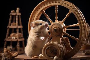 ai generiert süß wenig Hamster spielen hölzern Rad Kunst foto