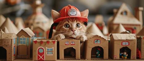 ai generiert wenig Katze Feuerwehrmann heldenhaft retten Spielzeuge von ein so tun als ob Feuer im ein Karton Stadt. foto