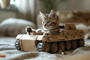 ai generiert bezaubernd wenig Katze im ein Karton Panzer foto