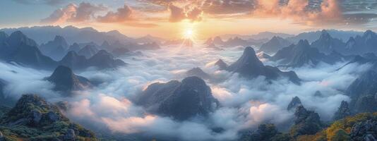 ai generiert mystisch Berge. ein Märchenland verschleiert im Wolken und Nebel. foto