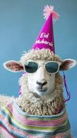 ai generiert eid Konzept Schaf tragen ein Party Hut und Sonnenbrille, mit das Text eid Mubarak foto