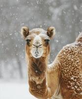 ai generiert arabisch Kamel Stehen majestätisch im das Schnee foto