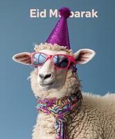 ai generiert eid Konzept Schaf tragen ein Party Hut und Sonnenbrille, mit das Text eid Mubarak foto