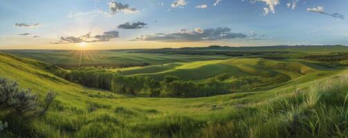 ai generiert Umarmen Frühling Gelassenheit, ein Landschaft geziert durch üppig Grün Felder und das natürlich Schönheit von das Jahreszeit Gradient foto