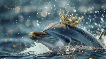 ai generiert ein Delfin tragen ein golden Krone im das Wasser Hintergrund foto