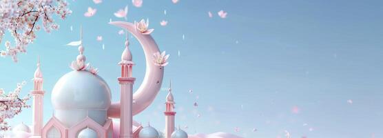 ai generiert Moschee und Mond mit Blumen gegen Blau Hintergrund foto