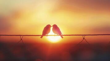 ai generiert beim Sonnenuntergang zwei Vögel Umarmung Liebe und Romantik im ein Valentinstag Tag Umarmung foto
