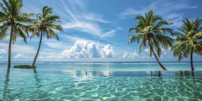 ai generiert tropisch Paradies. Insel Palme Bäume, Schwimmen Schwimmbecken, und Sonnenschein auf ein perfekt sonnig Tag. foto