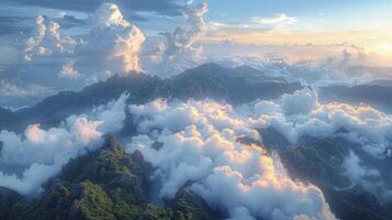 ai generiert mystisch Berge. ein Märchenland verschleiert im Wolken und Nebel. foto