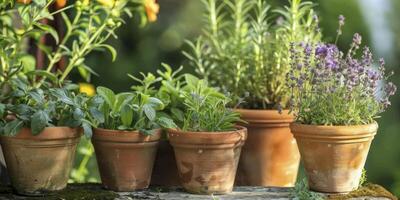 ai generiert Kräuter- Oase. Erstellen ein Garten Oase durch arrangieren Kräuter im rustikal Terrakotta Töpfe. foto