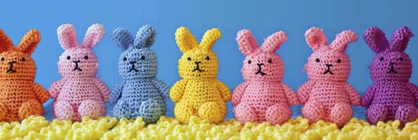 ai generiert Ostern Freude. Reihen von gehäkelt Kaninchen, Erstellen ein charmant Dekoration zum das Ostern Festival. foto