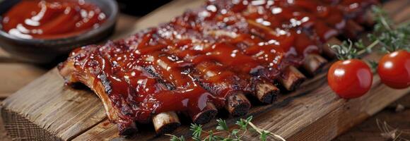 ai generiert Grill Rippen Rindfleisch und Ketchup auf das Schneiden Tafel foto