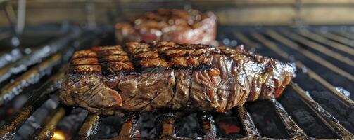 ai generiert gegrillt zu Perfektion, verkohlt Steak auf das Grill, warten Bohnenkraut Genuss foto