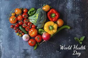 ai generiert Herz geformt frisch Gemüse mit das Text Welt Gesundheit Tag foto