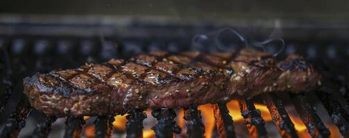 ai generiert gegrillt zu Perfektion, verkohlt Steak auf das Grill, warten Bohnenkraut Genuss foto