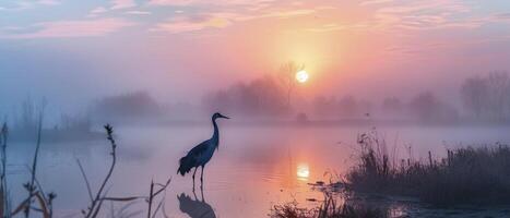 ai generiert neblig Sonnenaufgang Über Wasser Land Kran bunt Palette foto