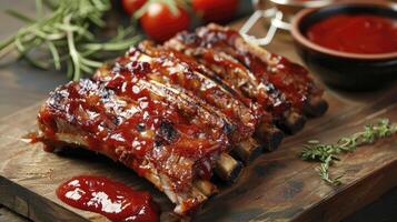 ai generiert Grill Rippen Rindfleisch und Ketchup auf das Schneiden Tafel foto