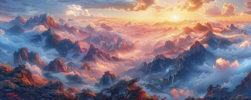 ai generiert mystisch Berge. ein Märchenland verschleiert im Wolken und Nebel. foto