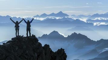 ai generiert Gipfel Triumph, Silhouetten von zwei Wanderer feiern Erfolg oben auf ein Panorama- Berg Gipfel foto