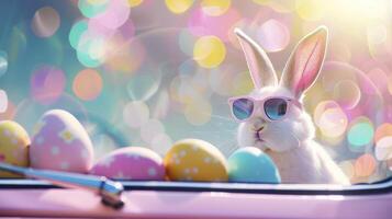 ai generiert Ostern Hase mit Sonnenbrille spähen aus von ein Auto, umgeben durch bunt Ostern Eier foto