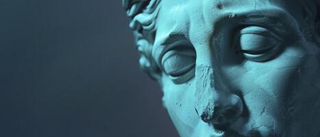 ai generiert reflektierend Kummer. ein griechisch Gips Figur traurig Gesicht Blicke nach unten, tief im Gedanke. foto