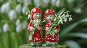 ai generiert ein Junge und ein Mädchen halten Blumensträuße von Schneeglöckchen Blumen, Umarmen das marteniza Tradition auf März 1. foto