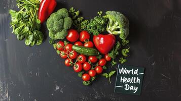 ai generiert Herz geformt frisch Gemüse mit das Text Welt Gesundheit Tag foto