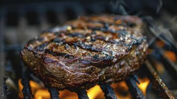 ai generiert gegrillt zu Perfektion, verkohlt Steak auf das Grill, warten Bohnenkraut Genuss foto