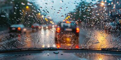 ai generiert Regen Tropfen auf Auto Glas mit verwischen Hintergrund von der Verkehr Marmelade im das Stadt foto