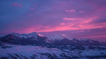 ai generiert Sonnenuntergang im das Berge. schön Winter Landschaft mit schneebedeckt Berge. foto