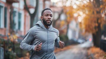 ai generiert jung afrikanisch amerikanisch Mann Joggen im Stadt auf Herbst Tag foto