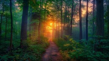 ai generiert Sonnenuntergang oder Sonnenaufgang im ein Sommer- Kiefer Wald mit Sonnenstrahlen foto