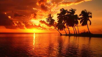 ai generiert Palme Bäume auf ein tropisch Strand beim Sonnenuntergang im das Tropen foto