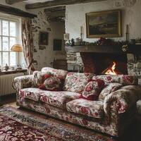 ai generiert traditionell Englisch Hütte Leben Zimmer mit Blumen- Muster und gemütlich Kamin foto