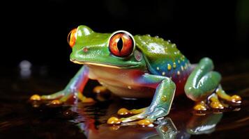 ai generiert Frosch mit Augen zweimal wie groß, geschmückt im Regenbogen Farben auf beide Seiten, ai generiert. foto