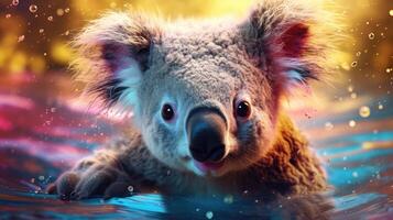 ai generiert Koala mit Augen zweimal wie groß, geschmückt im Regenbogen Farben auf beide Seiten, ai generiert. foto