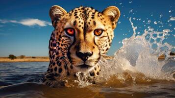 ai generiert Gepard mit Augen zweimal wie groß, geschmückt im Regenbogen Farben auf beide Seiten, ai generiert. foto