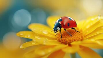 ai generiert beschwingt Marienkäfer auf ein rot Blume Blütenblatt, ein platzen von der Natur lebhaft Harmonie, ai generiert. foto