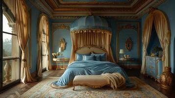 ai generiert opulent Schlafzimmer mit ein Samt Überdachung Bett und Gold dekorativ Elemente foto